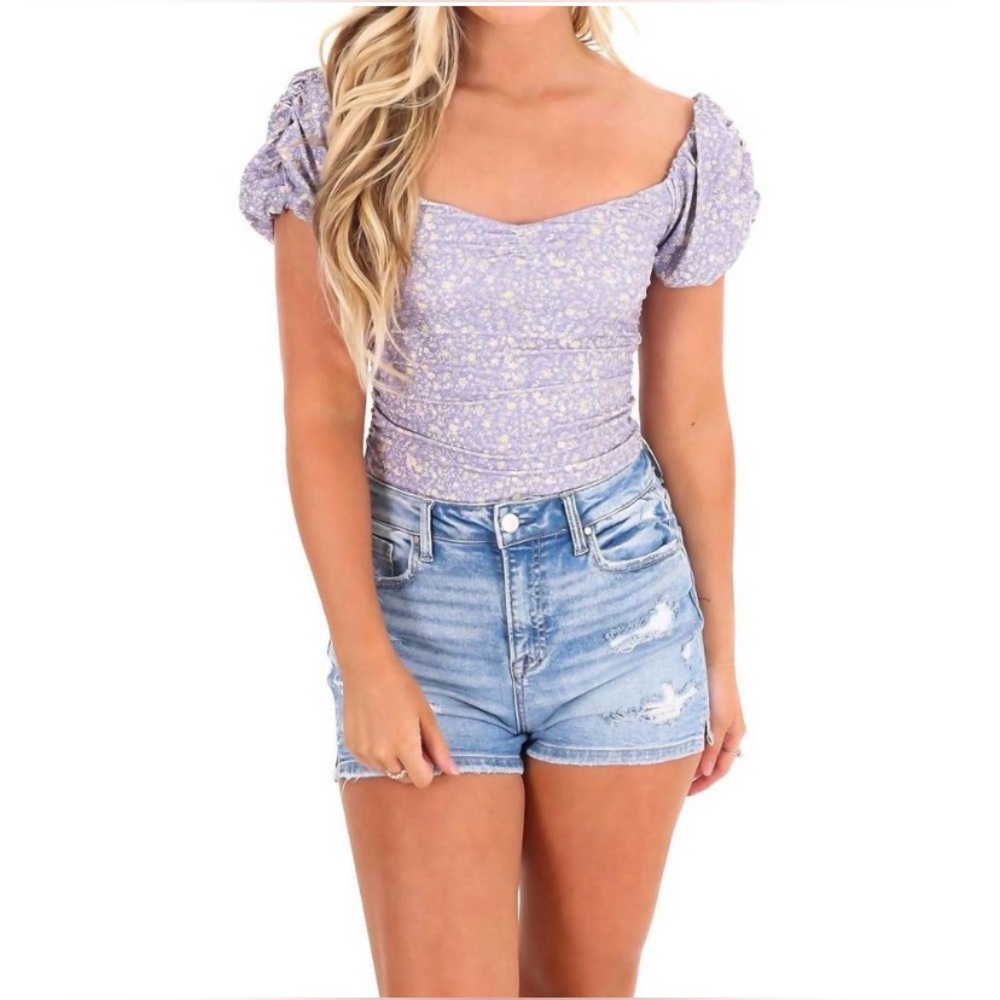 NWT Free People Bella Lavender Floral Puff Sleeve Bodysuit Boho‎ Cottagecore